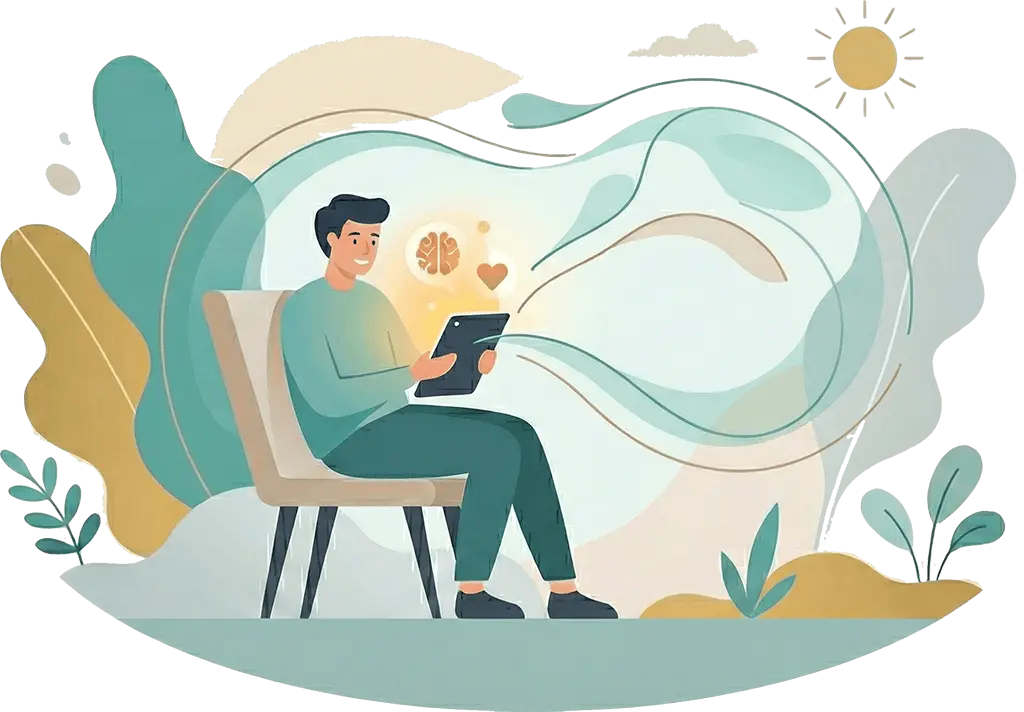 1. Illustration_ Eine Person nutzt entspannt ein Tablet, von dem Symbole für Gehirn und Herz ausgehen, um den Beginn der digitalen Psychotherapie zu visualisieren (1) Illustration_-Eine-Person-nutzt-entspannt-ein-Tablet-von-dem-Symbole-fuer-Gehirn-und-Herz-ausgehen-um-den-Beginn-der-digitalen-Psychotherapie-zu-visualisieren