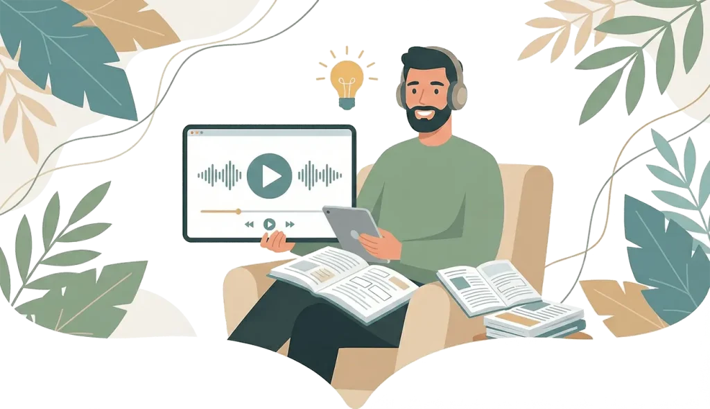 7. illustration-mann-lernt-mit-hoerbuch-und-unterlagen (1) mann-lernt-mit-hoerbuch-und-unterlagen